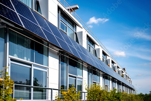 Solar panels installed between the ground and first floors of a residential building