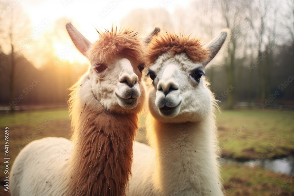 A pair of llamas in love close up