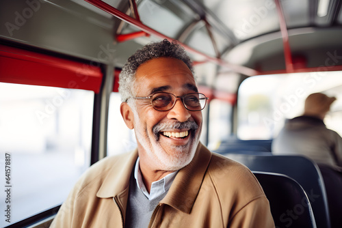 happy retired senior man on bus © sam