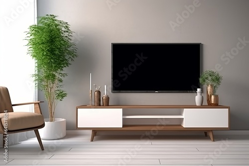 Television put on tv stand wood table, in minimal empty spave room background white wall Generative AI