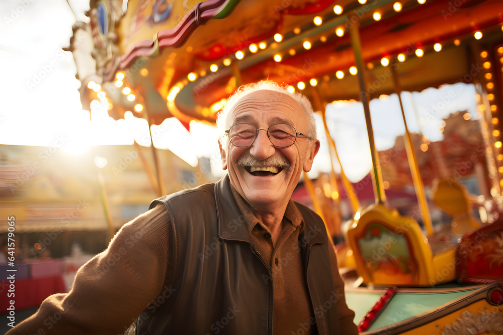 happy retired senior man at fairground enjoying retirement reliving youth