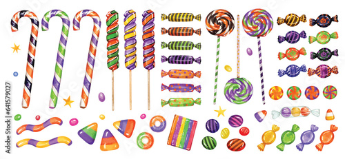 Watercolor colorful candy and sweets set. Halloween trick or treat candies isolated vector elements, candy cane, spiral lollipops, swirl lollipops, jelly candy