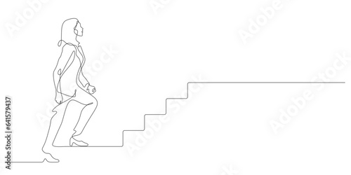 businesswoman walking upward to success stairs in continuous line drawing