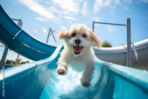 summer portrait of happy puppy on waterslide at waterpark photo