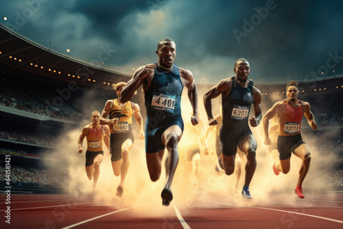 Multiple sprinters running for the gold medal in a big stadium at the olympic games in paris 2024 photo