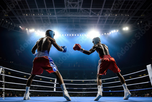 Two boxers fighting in a big stadium at the olympic games in paris 2024