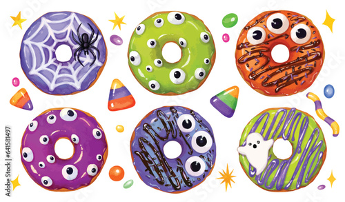 Watercolor Halloween donuts set. Colorful spooky Halloween food for holiday designs
