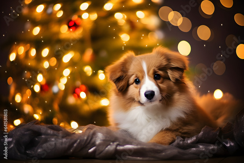 christmas dog bokeh tree lights festive studio background © sam