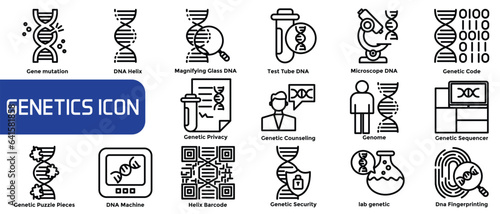 Genetics isolated icons set. Set of genes, DNA structure, chromosomes, genetic engineering, test tubes, GMO products, virus, cells, microscope, science lab vector icon