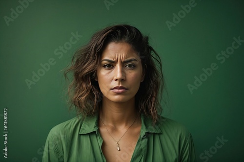 A woman in a bad mood, isolated on a green studio background