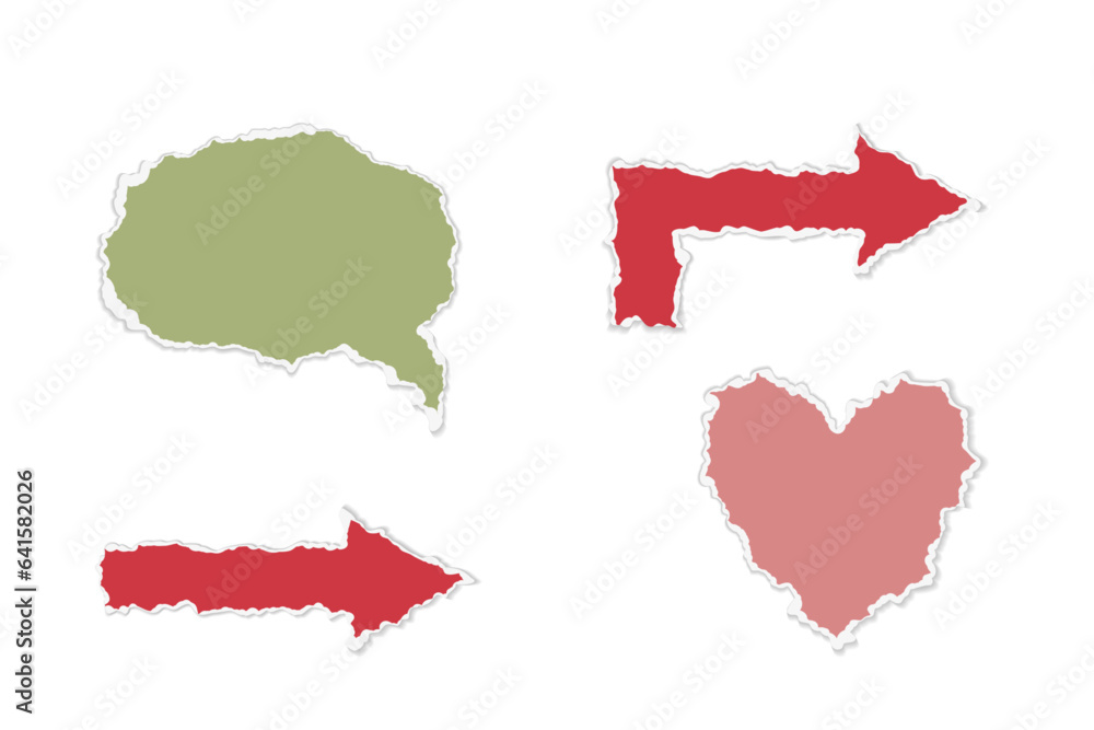 Fototapeta premium Torn paper geometric shapes set. Vector scraps of heart, arrows. Torn paper frames with jagged edges.