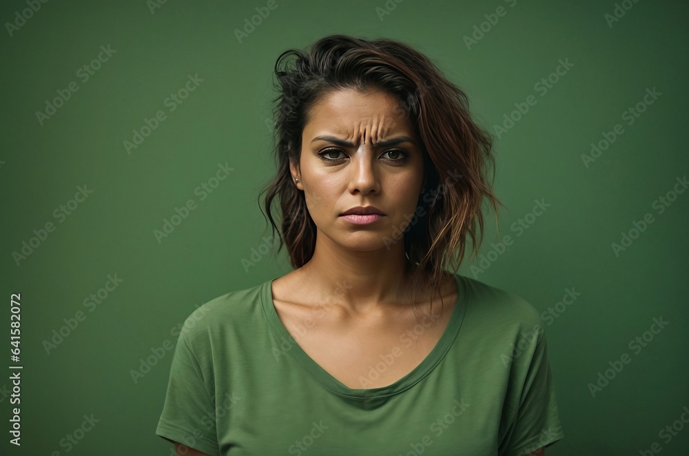 A woman in a bad mood, isolated on a green studio background A woman in a bad mood, isolated on a green studio background