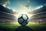 Majestic Match Canvas: The Football Ball as the Central Artistry on the Green Canvas, Backdropped by the Stadium's Grandeur and the Animated Gathering
