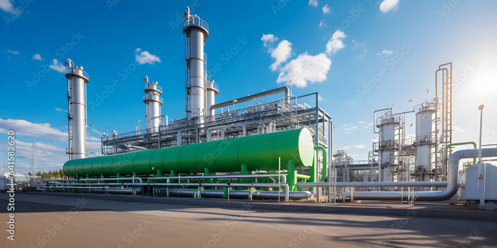 Green Hydrogen renewable energy production pipeline. Green hydrogen gas for clean electricity facility - obrazy, fototapety, plakaty 