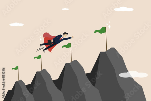 Challenge to reach success point, business concept goal, win mission, business development journey, businessman super hero flying to mountain top. Successful businessman illustration.