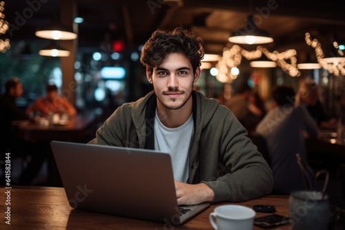 Brewed Brilliance: Laptop-Engaged Man, Extracting Success While Seated at Cafe Table 