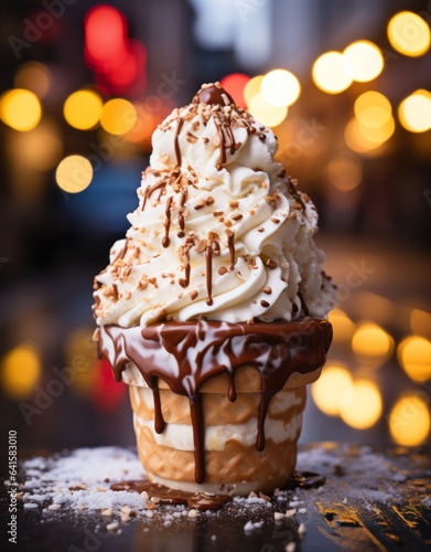 Vanilla ice cream cone with melted chocolate topping on the table