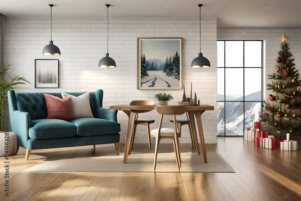 Fototapeta premium modern living room with white sofa and beautiful snowy mountain view from window generated by AI tool 