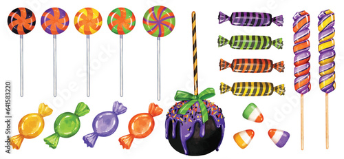 Watercolor Set of colorful Halloween sweets for children. Hard candies on stick, spiral lollipops and candy corn, Vector candies isolated on a white background