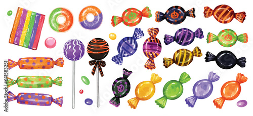 Watercolor Halloween Candies  and sweet treats set. Colorful candy set isolated on a white background