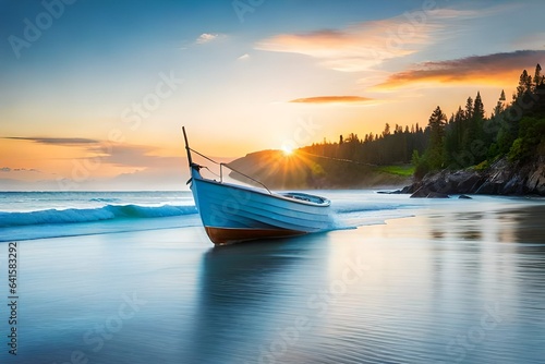 waves and boat on beach at sunrise as background generated by AI tool © Aqsa