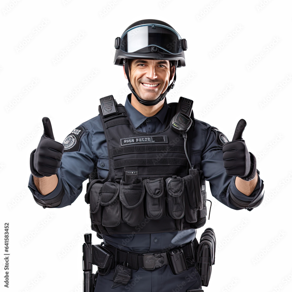 SWAT caucasian man isolated on white background making thumbs up gesture. SWAT caucasian man isolated on white background making thumbs up gesture.