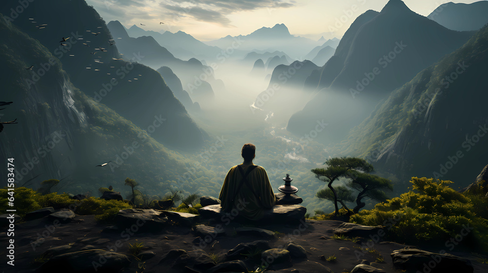 a person meditating amidst the mountains