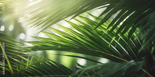 close-up of lush green tropical vegetation jungle with palm leaves in sunshine, beauty in nature banner concept for wallpaper