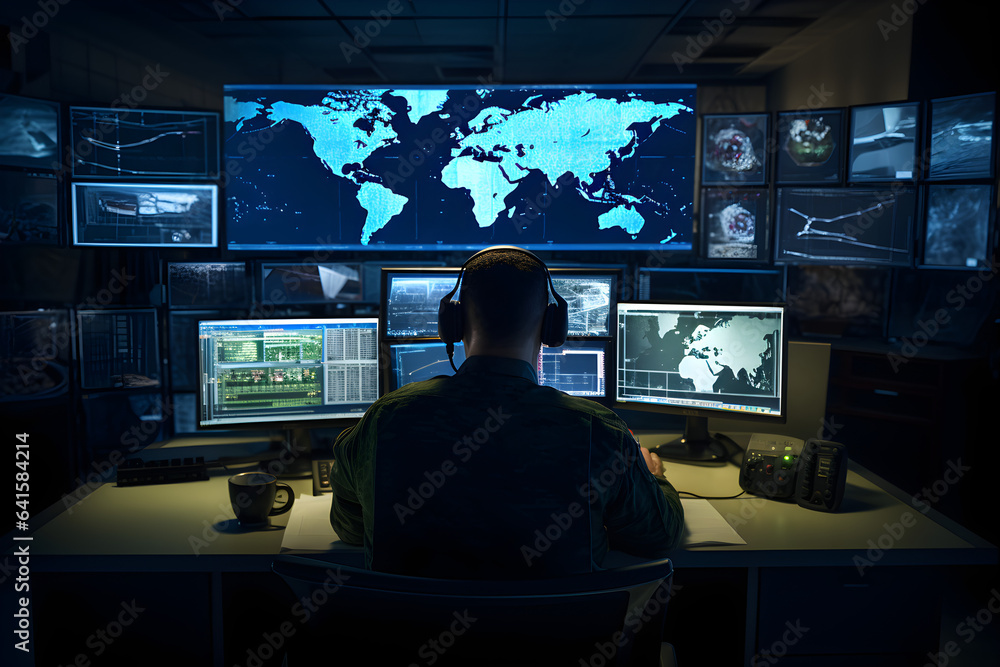 A Military Surveillance Officer is working in a central office hub to manage national security and army communications through a tracking operation focused on cyber control and monitoring A Military Surveillance Officer is working in a central office hub to manage national security and army communications through a tracking operation focused on cyber control and monitoring