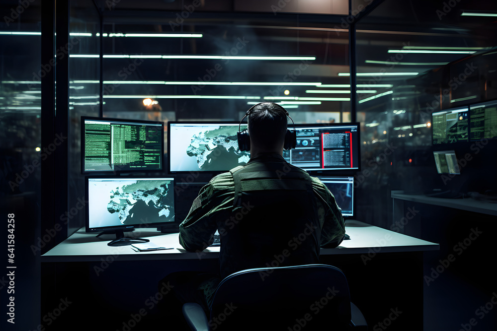 A Military Surveillance Officer is working in a central office hub to manage national security and army communications through a tracking operation focused on cyber control and monitoring A Military Surveillance Officer is working in a central office hub to manage national security and army communications through a tracking operation focused on cyber control and monitoring
