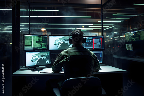 A Military Surveillance Officer is working in a central office hub to manage national security and army communications through a tracking operation focused on cyber control and monitoring