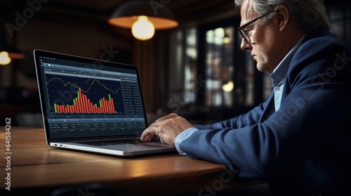 a professional bussinesman looking market chart on a laptop in focus laptop screen, Generative AI