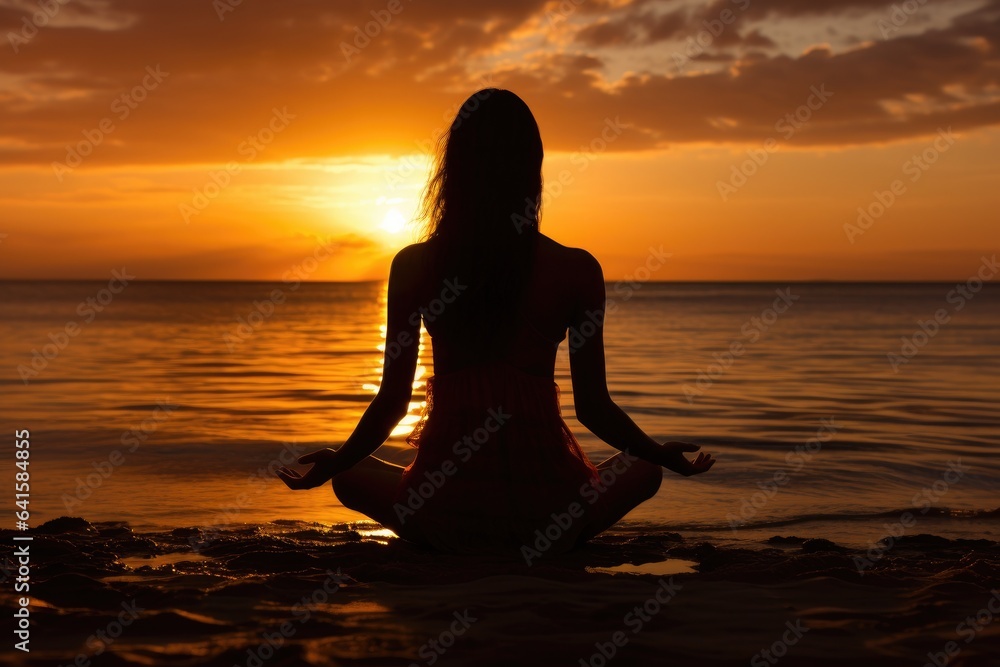 Silhouette of a woman doing yoga in beach. Generative AI