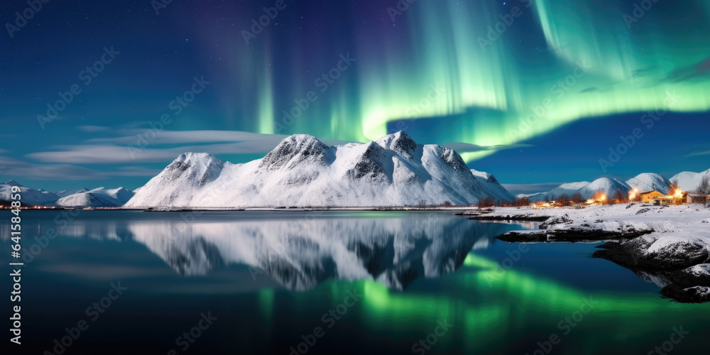 Naklejka premium Aurora borealis over the sea, snowy mountains and city lights at night. Northern lights in Lofoten islands, Norway. Starry sky with polar lights. Winter landscape with aurora, reflection, sandy beach
