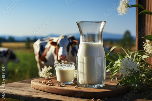 Photographie Fresh milk in glass on wooden table , Landscape with cows and green grass on the