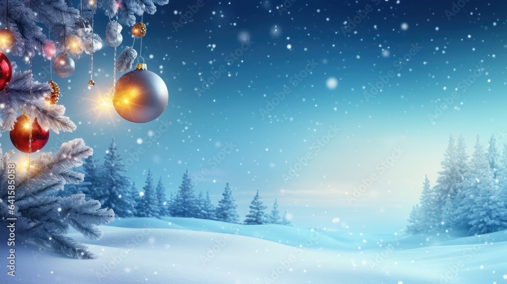 Beautiful winter Christmas with snowdrifts with red and gold christmas ball on background of blue evening sky Beautiful winter Christmas with snowdrifts with red and gold christmas ball on background of blue evening sky