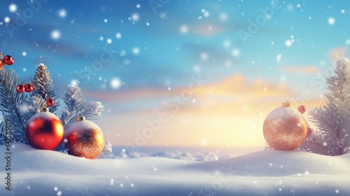 Beautiful winter Christmas with snowdrifts with red and gold christmas ball on background of blue evening sky