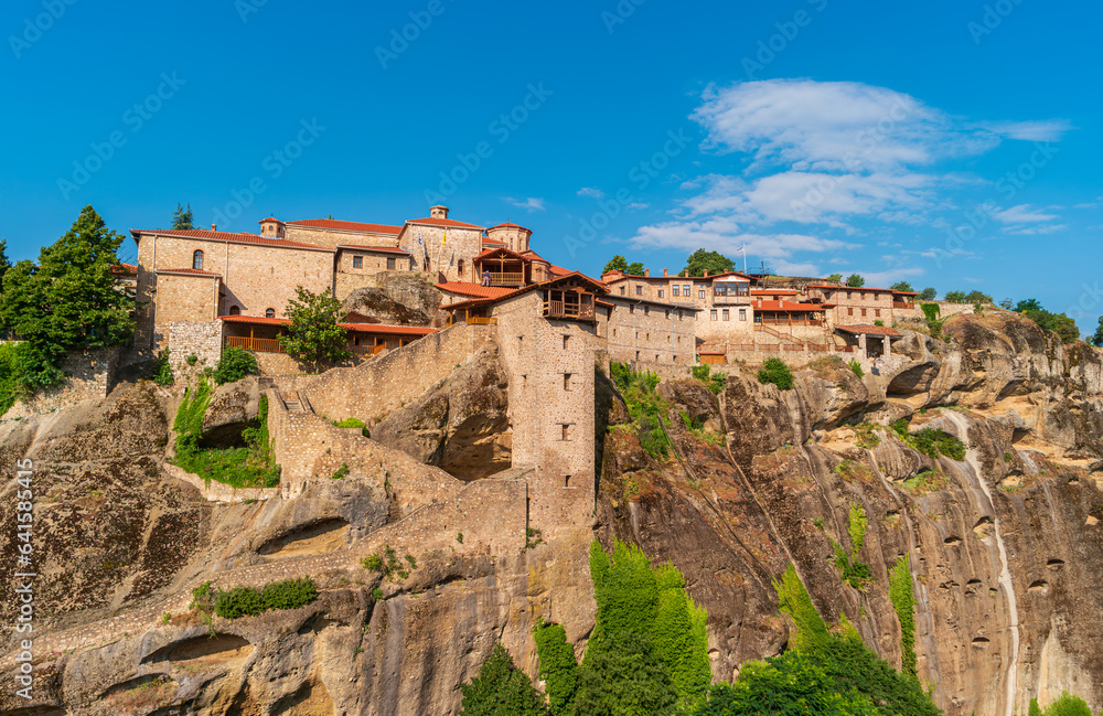 Monastery built on one of the peaks of Meteora. View of Holy Monastery of Transfiguration of Jesus. Landscape of the Thessaly Valley, Greece.