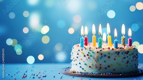 Festive birthday cake with colorful sprinkles and colorful birthday candles.