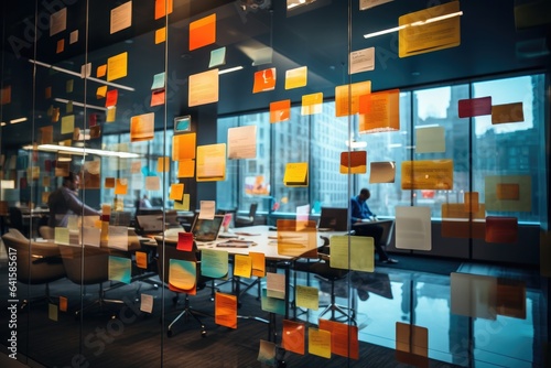 Empty office meeting room with sticky note on mirror. Generative AI