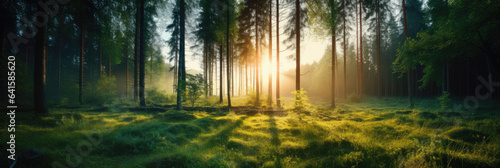 Beautiful forest panorama with large trees and bright sun