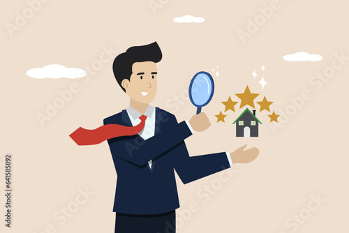 Property appraisal, housing appraisal for market selling price, housing sale or real estate review concept, businessman reviewing property with star rating. Successful businessman illustration. photo