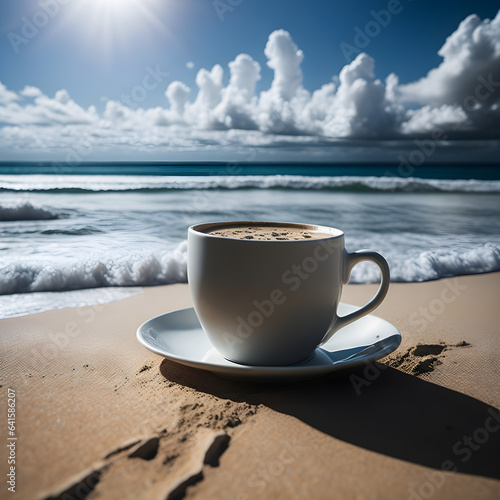 Generative KI Tasse Kaffee am Strand am Meer bei sonnigem Wetter und bewölktem Himmel