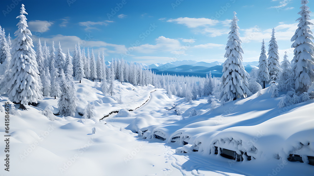 cold winter landscape in snowy forest.