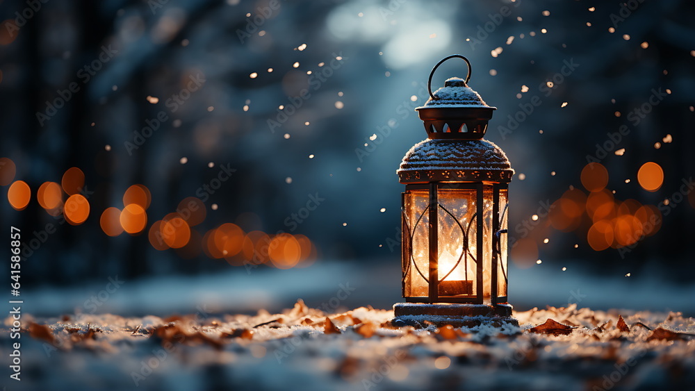Christmas lanterns on snow in night scene. Christmas lanterns on snow in night scene.