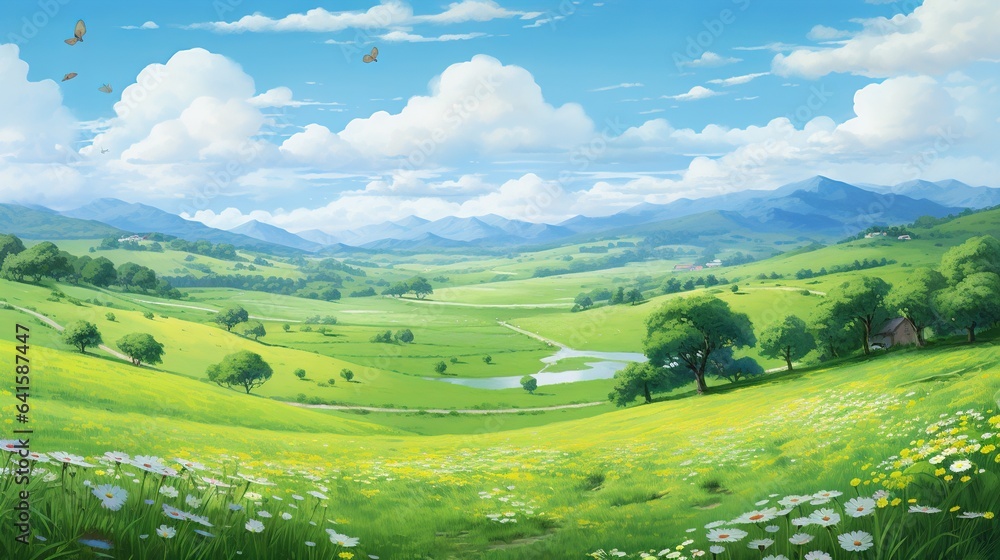  a painting of a beautiful green valley with flowers and hills in the background.  generative ai