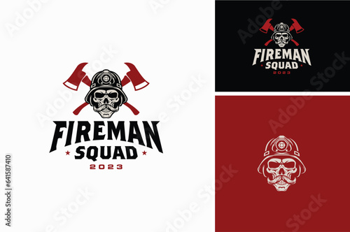 Crossed Firefighter Axes Hatchet Pulaski with Mustache Skull Wearing Fireman Helmet logo design
