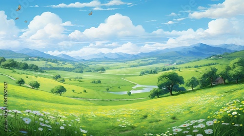  a painting of a beautiful green valley with flowers and hills in the background. generative ai