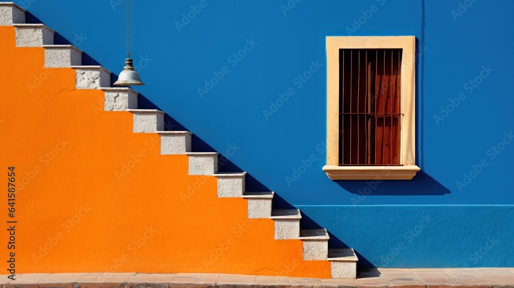 Fototapeta premium an orange and blue building with a window and a staircase. generative ai