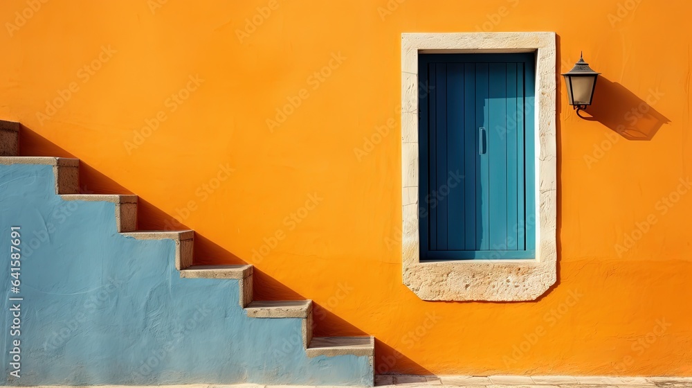 Obraz premium a blue and orange building with a blue door and window. generative ai